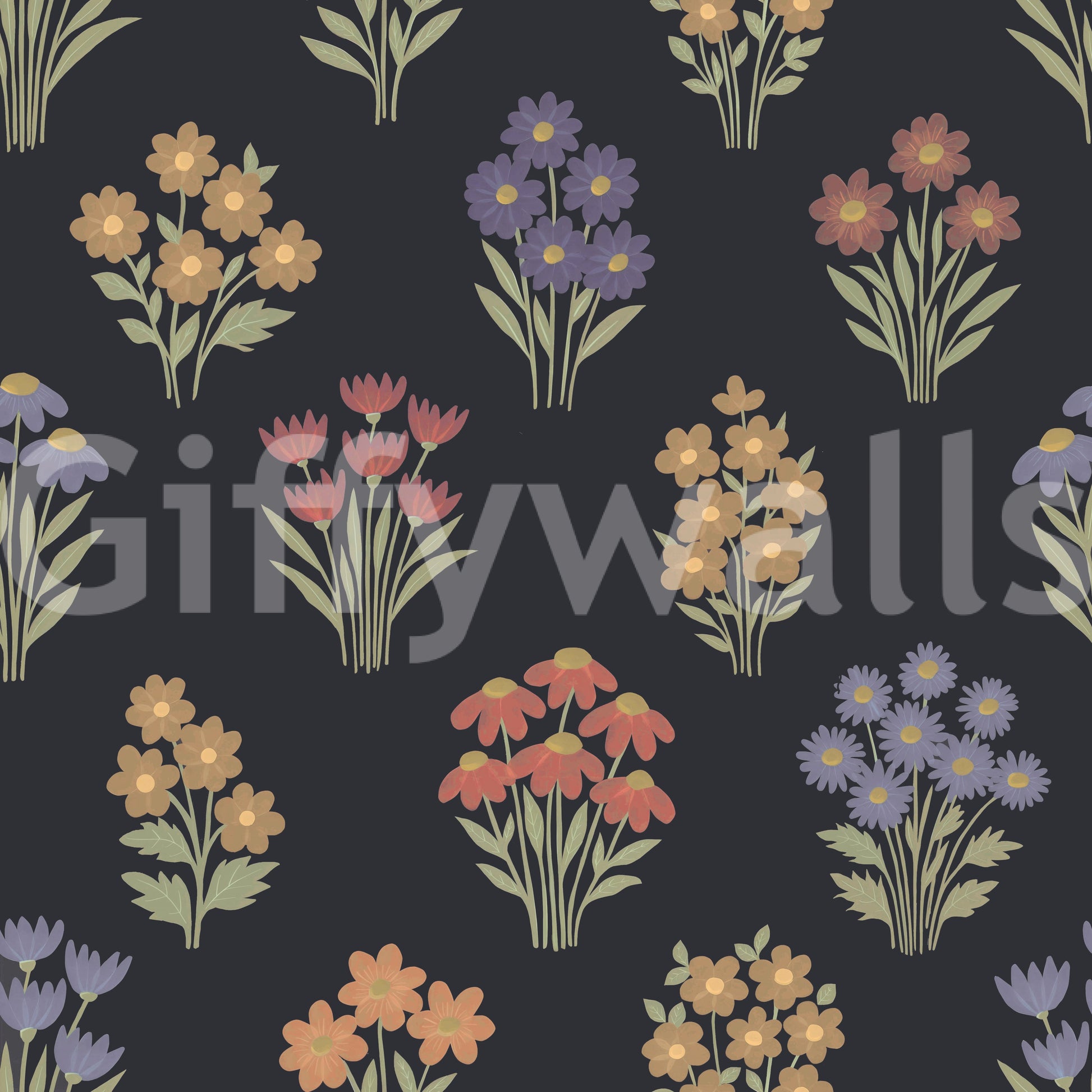 Botanical folk bouquet wallpaper in deep shades

