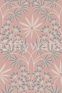 Bedroom with calming floral wallpaper.

