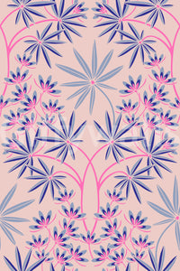 Bedroom with calming floral wallpaper.

