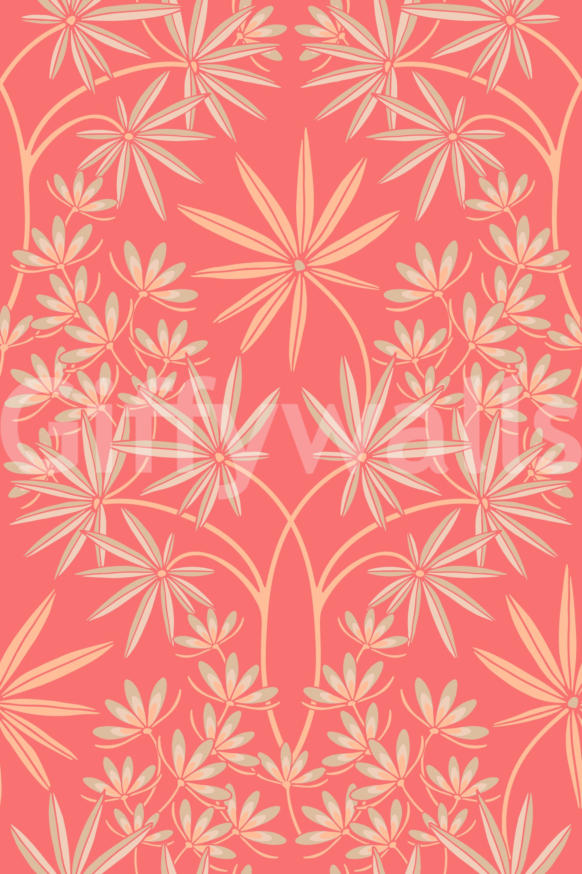 Bedroom with warm floral wallpaper.

