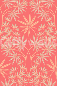 Bedroom with warm floral wallpaper.

