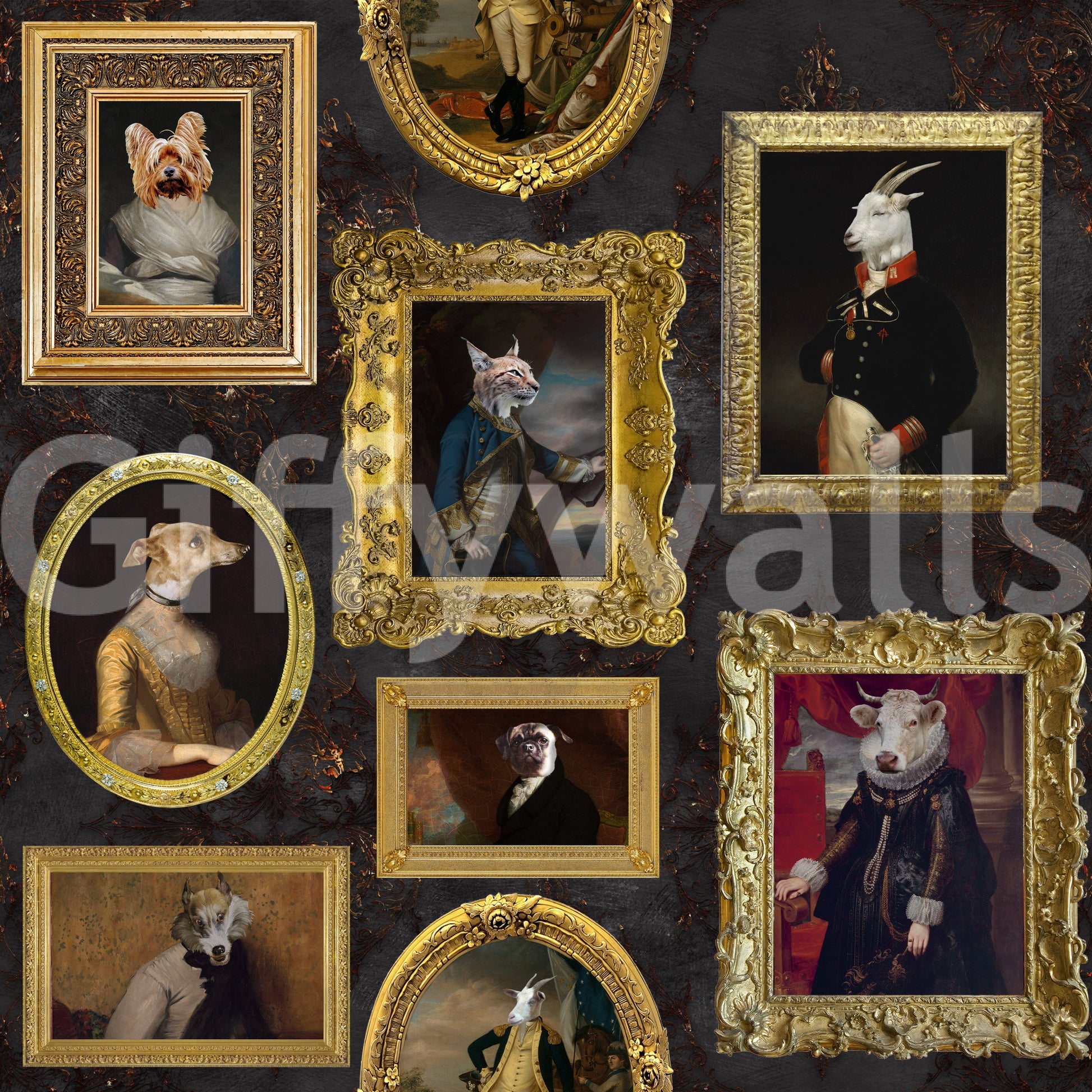 Wall decor blending classic art with majestic animal subjects.

