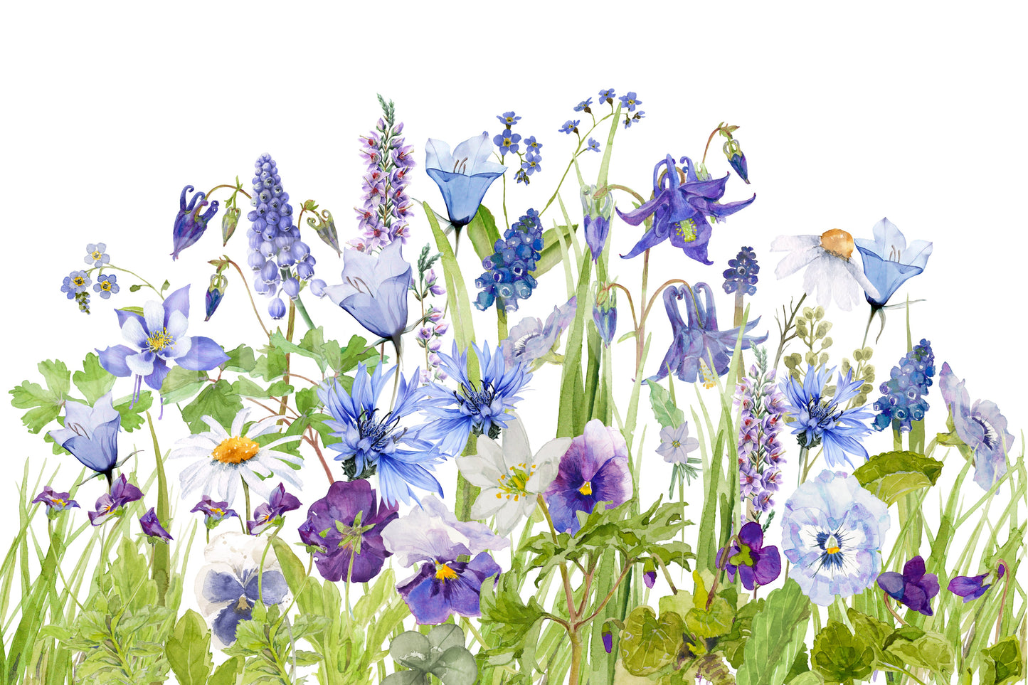 Blue Watercolor Wildflower Meadow  Wall Mural