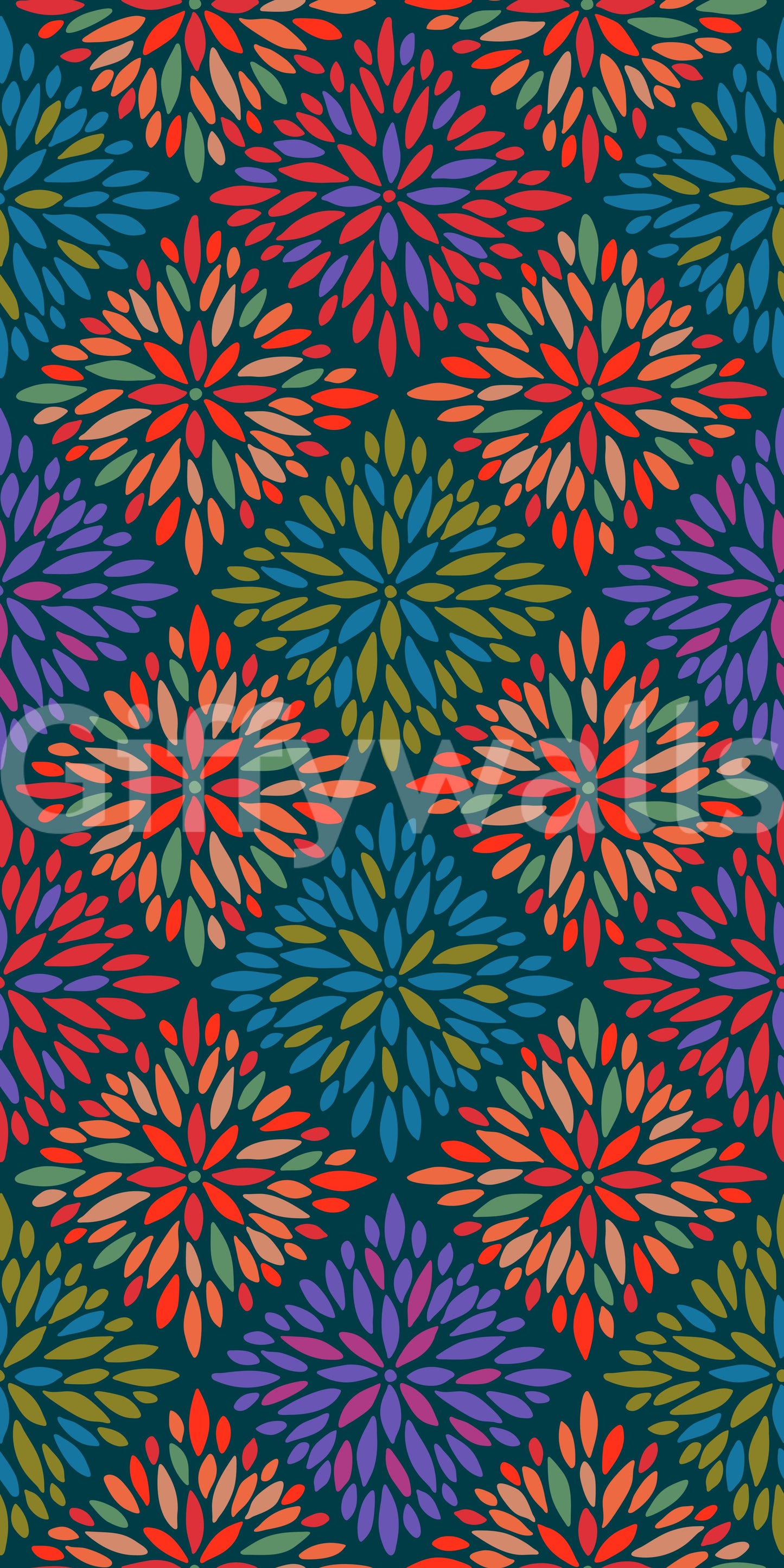 Dahlia Diamonds Bohemian Floral Damask Tiles Bright Jewel Tones on Dark Teal  Wallpaper⁠