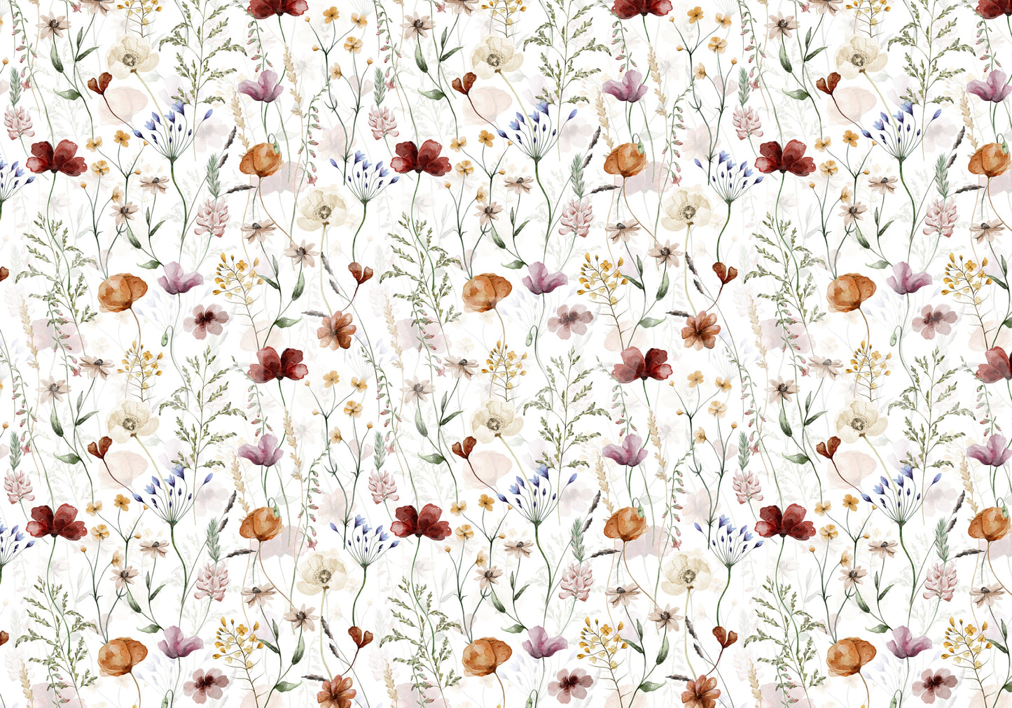 Scandinavian Wildflowers Watercolor Meadow for Kidsroom Wall Mural