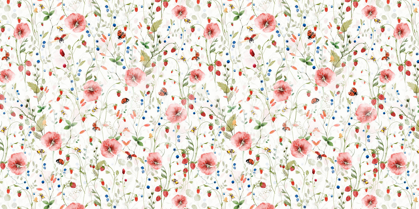 Scandinavian Watercolor Poppies Strawberries and Wild Berries Wall Mural