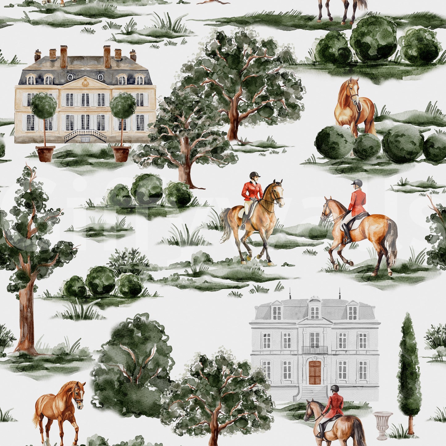 Equestrian riders with horses and British country manor Wallpaper⁠