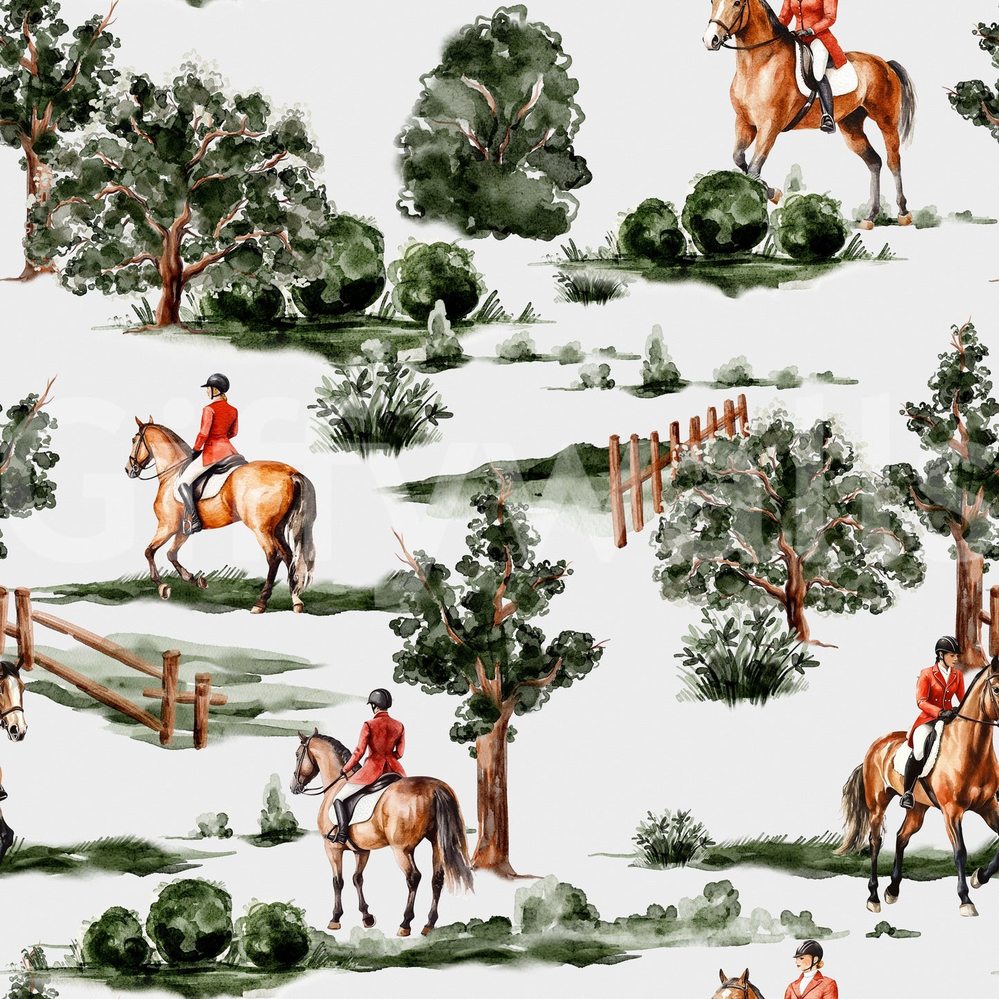British hunting riders on horseback in lush countryside Wallpaper⁠