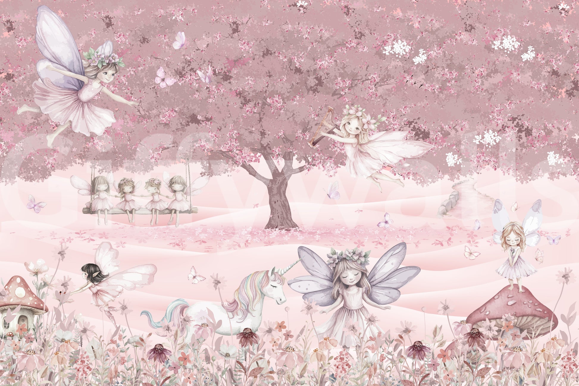 The style is a soft-focus illustration or a painterly design.

