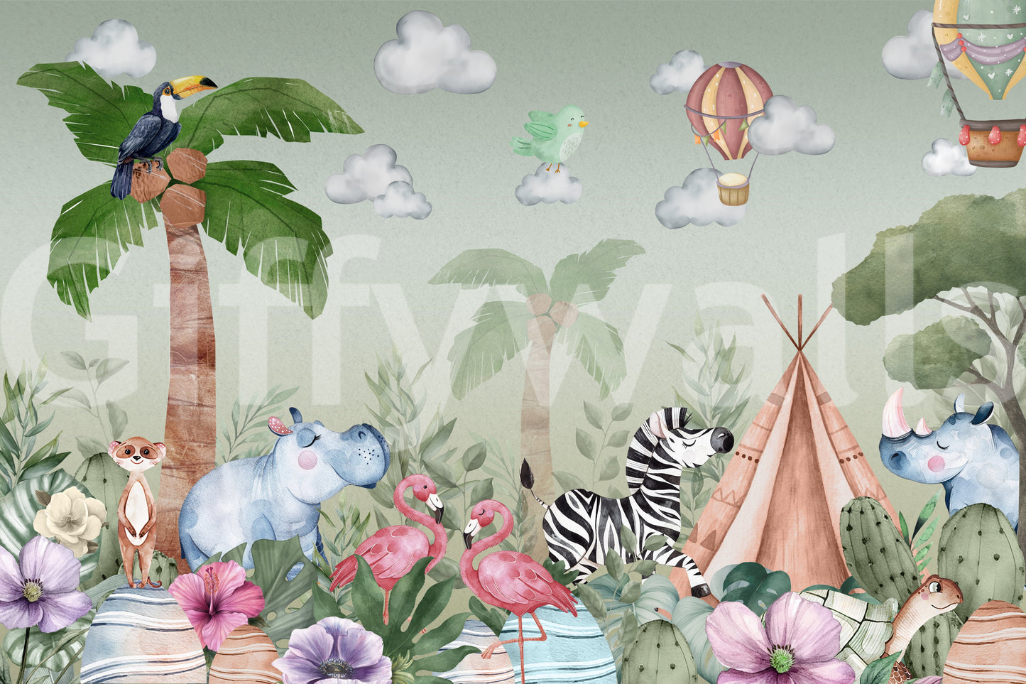 The style is a soft-focus watercolor illustration.

