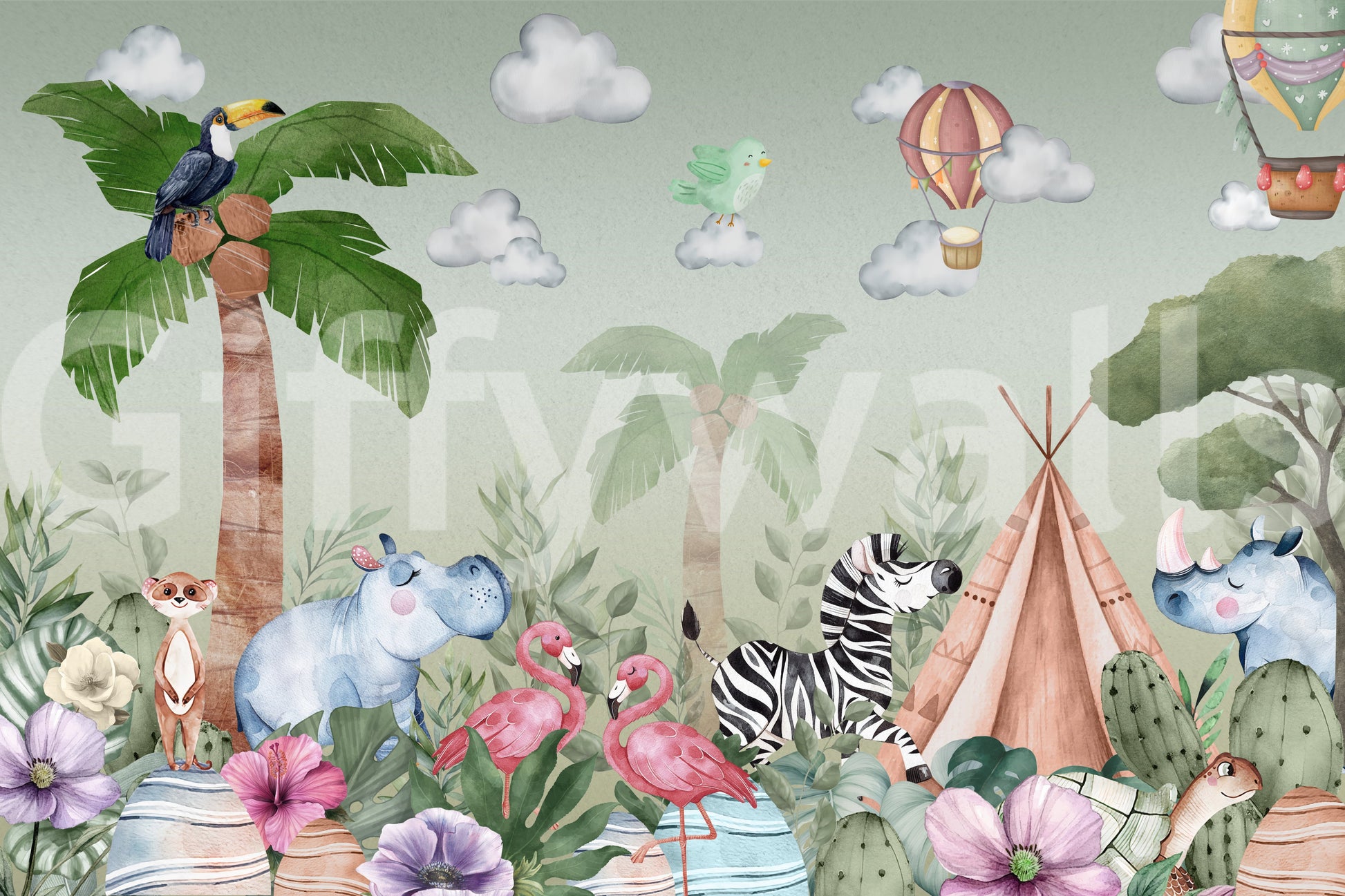 The style is a soft-focus watercolor illustration.

