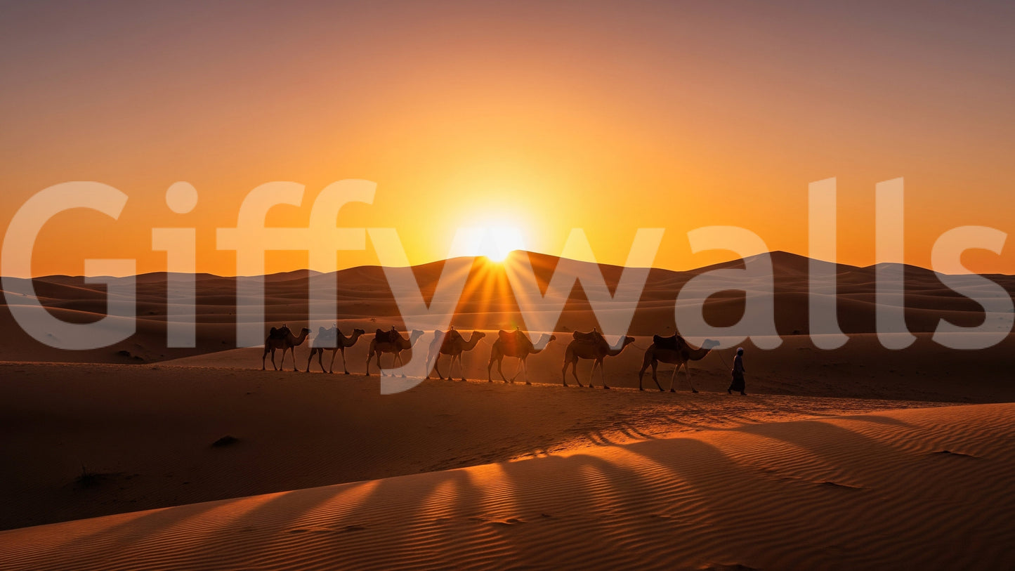 Desert caravan at dawn, peaceful and calm

