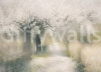 A tranquil garden bloom mural on the wallpaper.