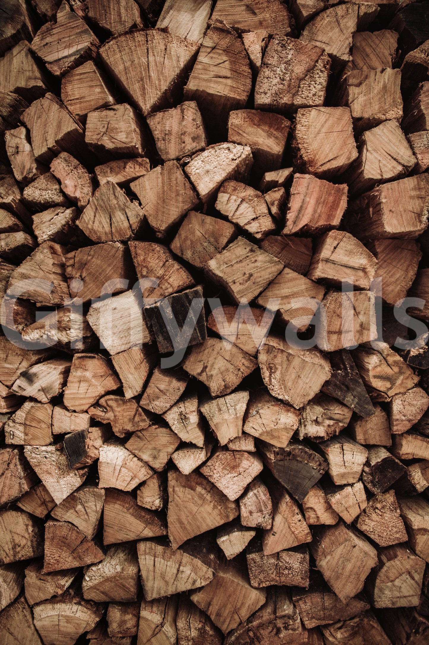 Rustic charm of the Woodpile Texture peel and stick mural behind a wood stove.