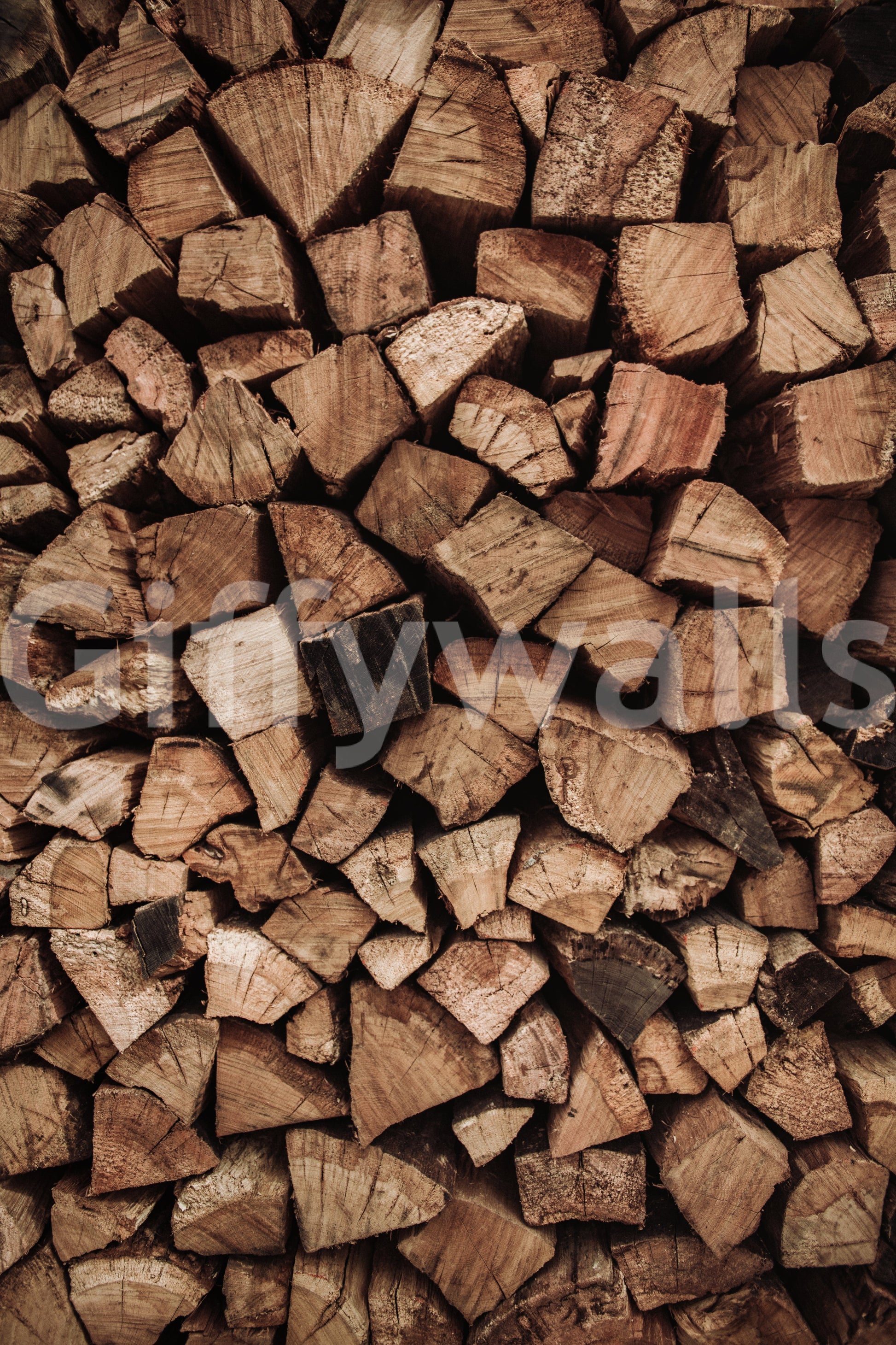 Rustic charm of the Woodpile Texture peel and stick mural behind a wood stove.