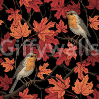 Autumnal botanical design of the Robins in maple tree on black Wallpaper.