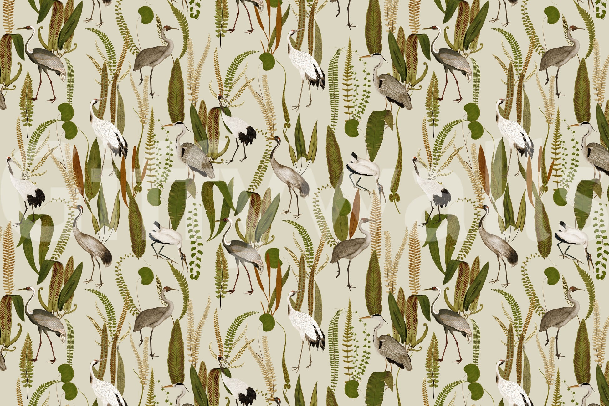 Artistic crane design in the Elegant Vintage Crane Garden Wall Mural.