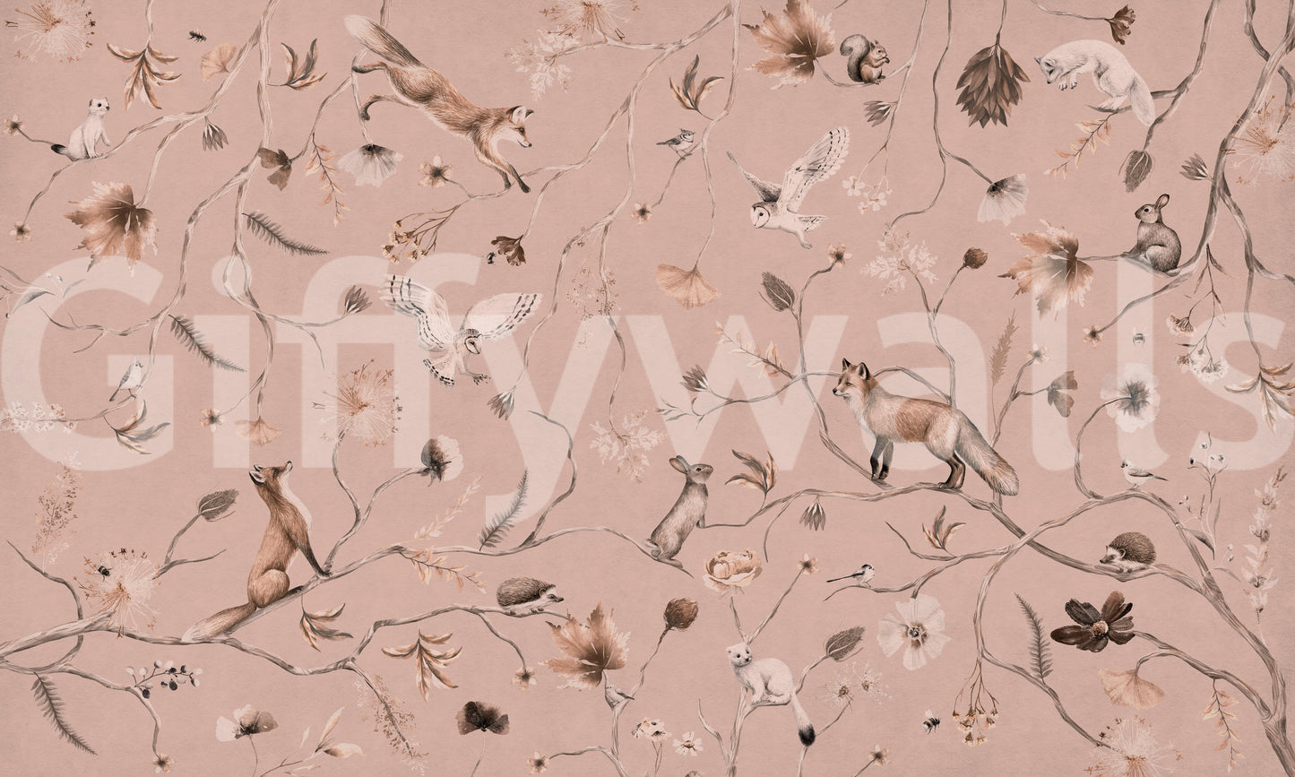 Peel and stick wallpaper design called Woodland Whisper Wall Mural.