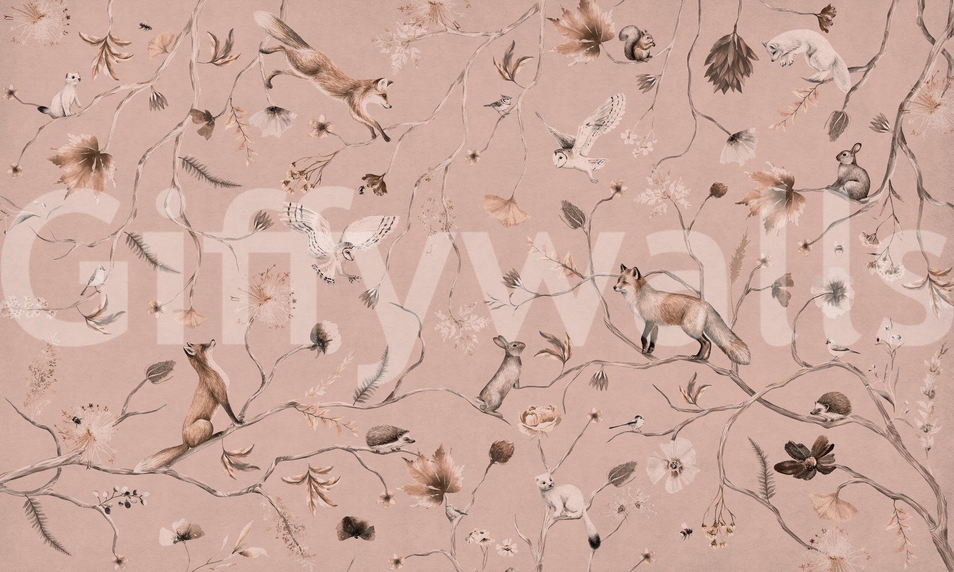 Peel and stick wallpaper design called Woodland Whisper Wall Mural.