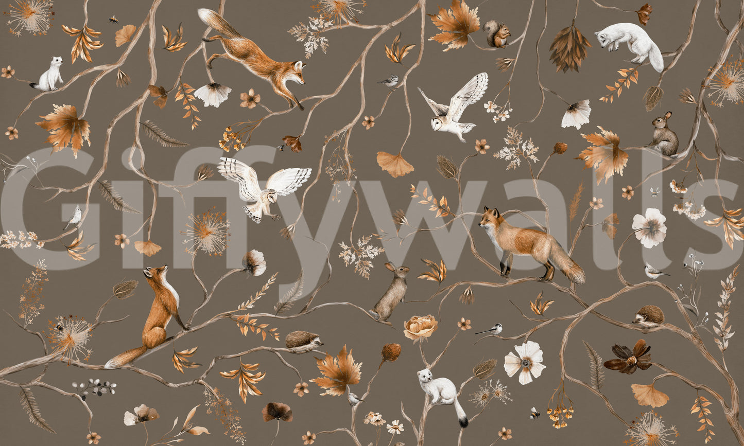 Corner view of a space highlighting the height and scale of the Forest Friends Wall Mural.