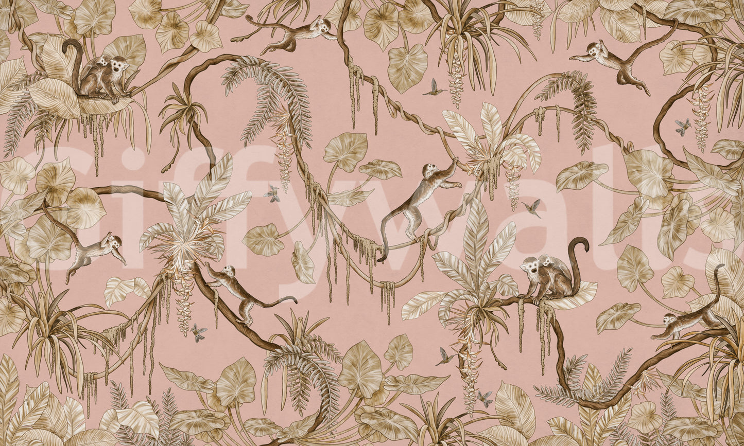 Statement wall in a hallway with the Monkey Grove Blush Wall Mural.