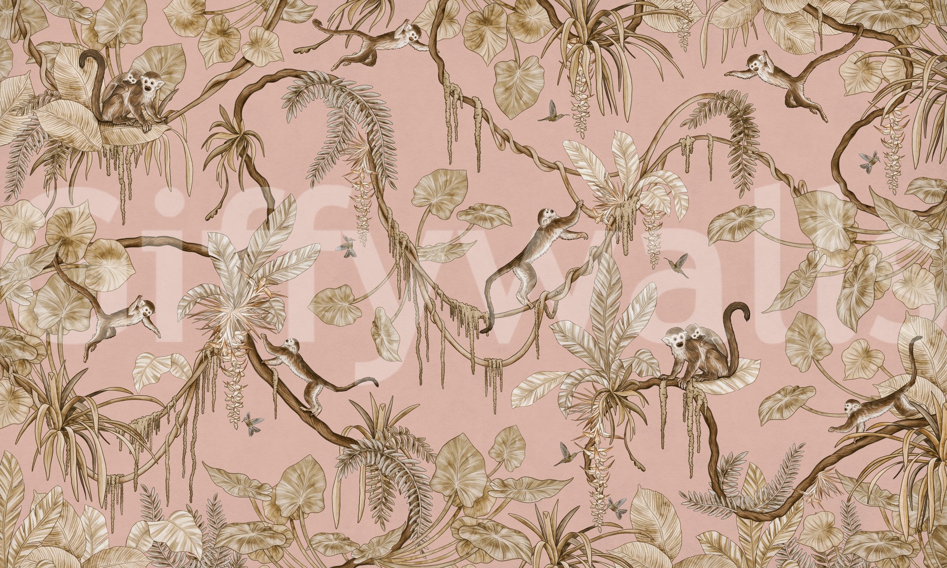 Statement wall in a hallway with the Monkey Grove Blush Wall Mural.