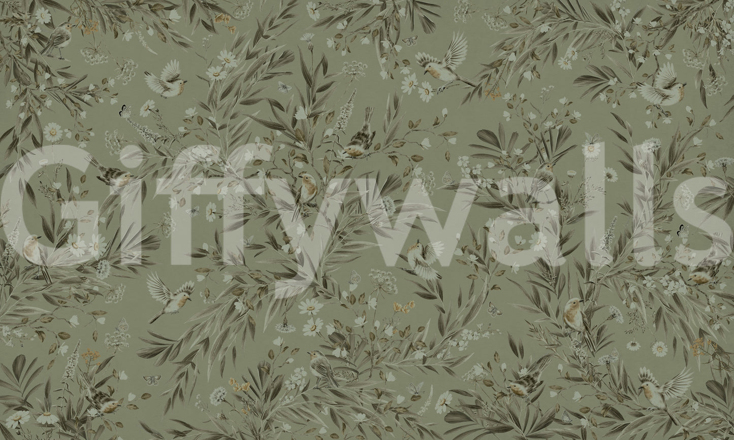 Home office interior with the vibrant Botanica Avairy Wall Mural.