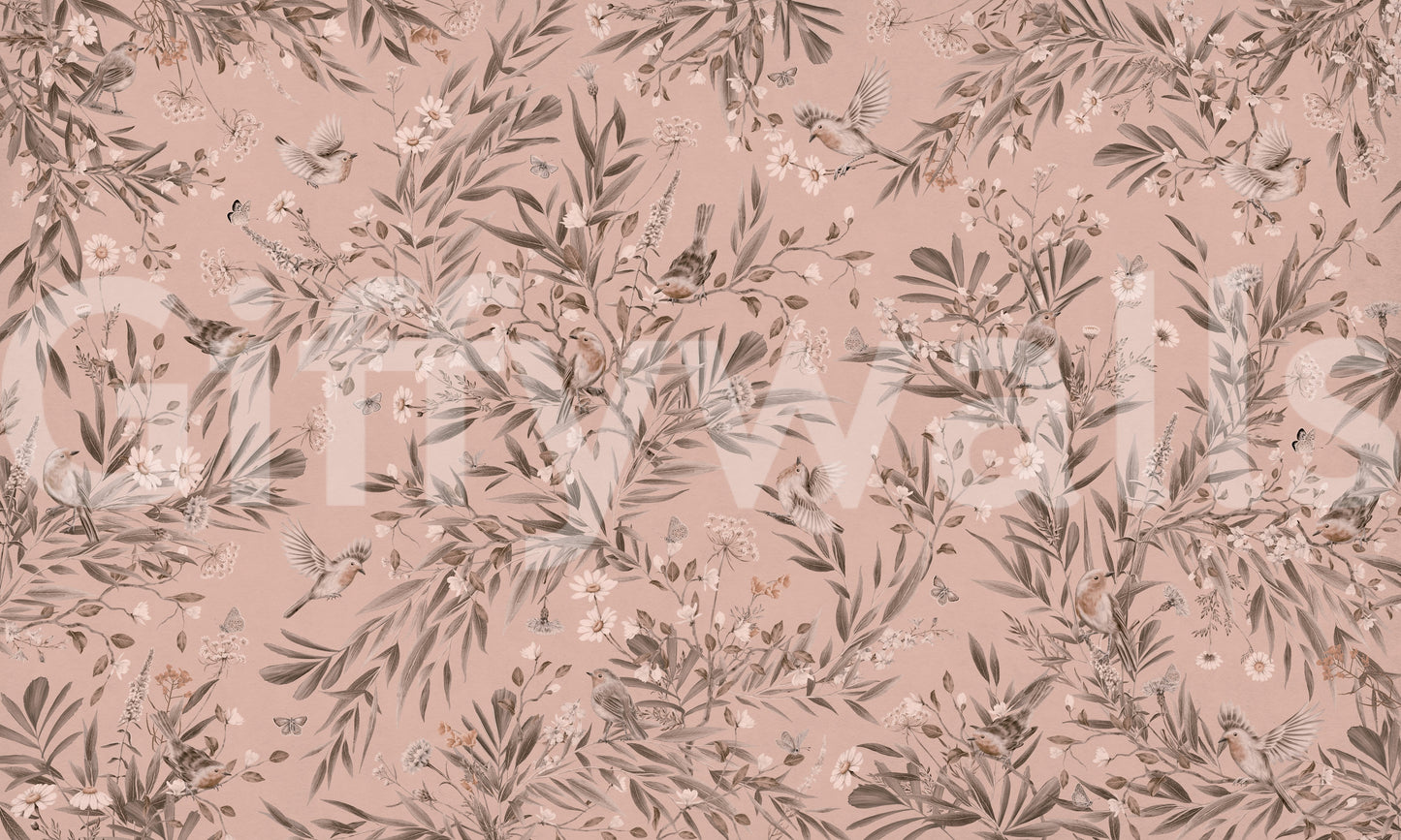 Bedroom interior design with the beautiful Botanical Birdsong Wall Mural.