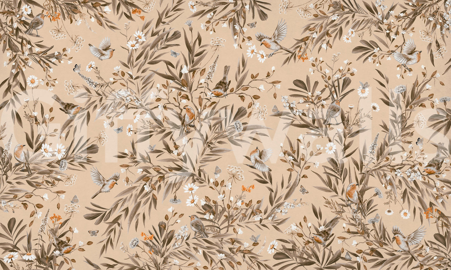 Contemporary entryway decor with the Botanical Birdsong Wall Mural.