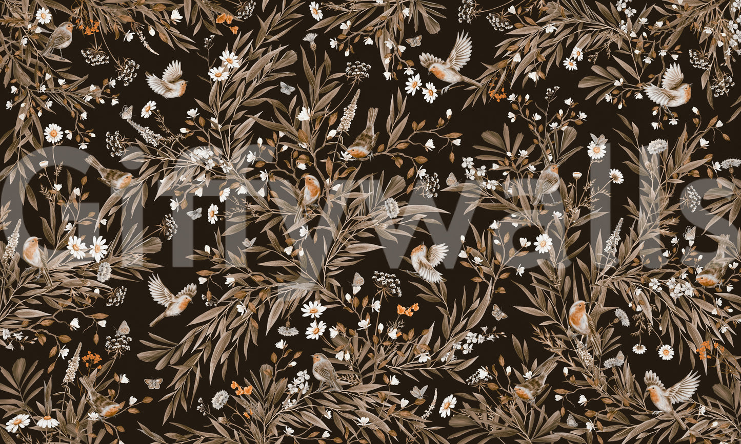 Botanical branch motif in the Serene Songbirds Wall Mural.
