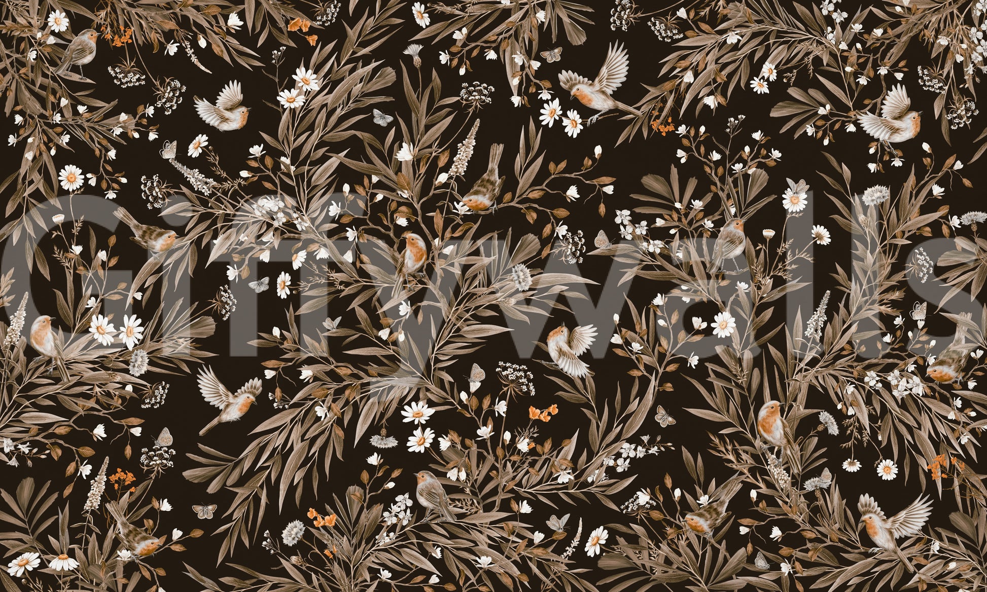 Botanical branch motif in the Serene Songbirds Wall Mural.