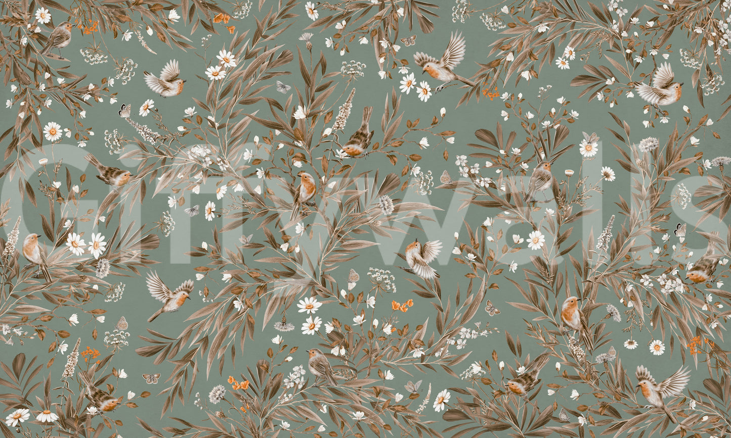 Birds & Blooms Symphony Wall Mural behind a cozy reading chair.