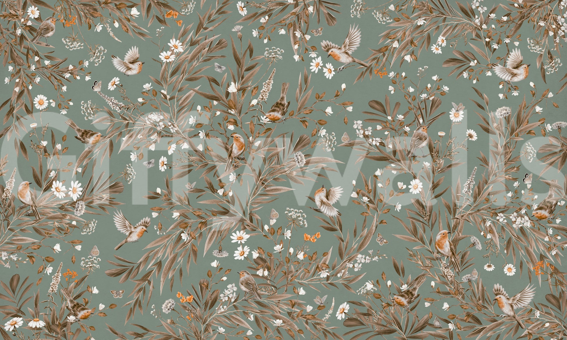 Birds & Blooms Symphony Wall Mural behind a cozy reading chair.