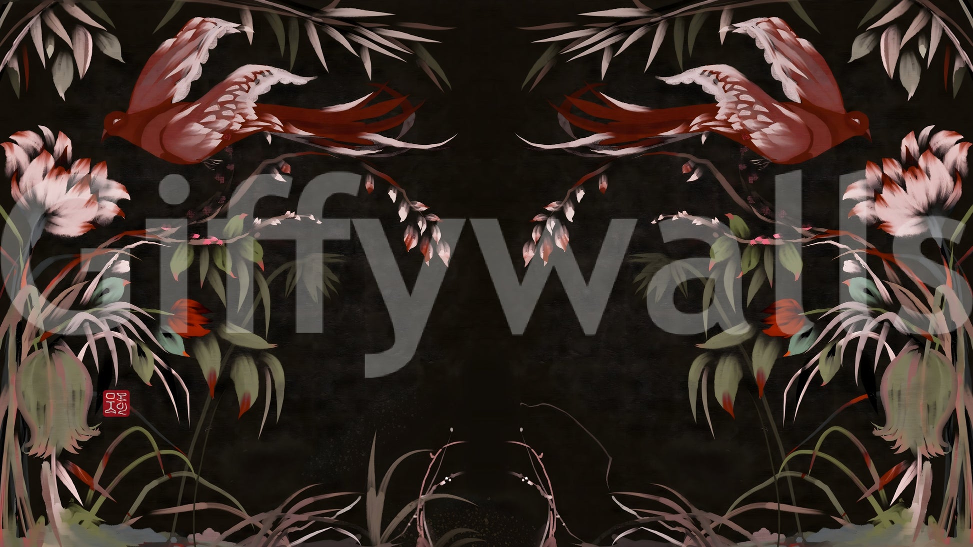 Corner view of the tranquil design of this unique floral wallpaper.