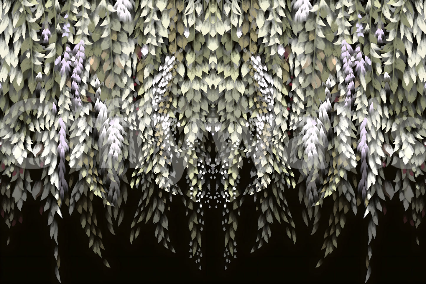 Corner light emphasizing the airy Wisteria Cascade print.