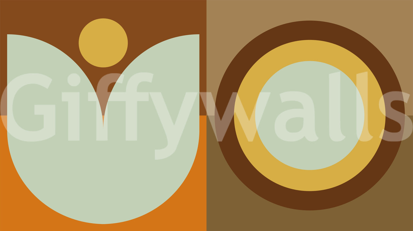 Mandala sun and crescent moon pattern mural behind a vintage chair.

