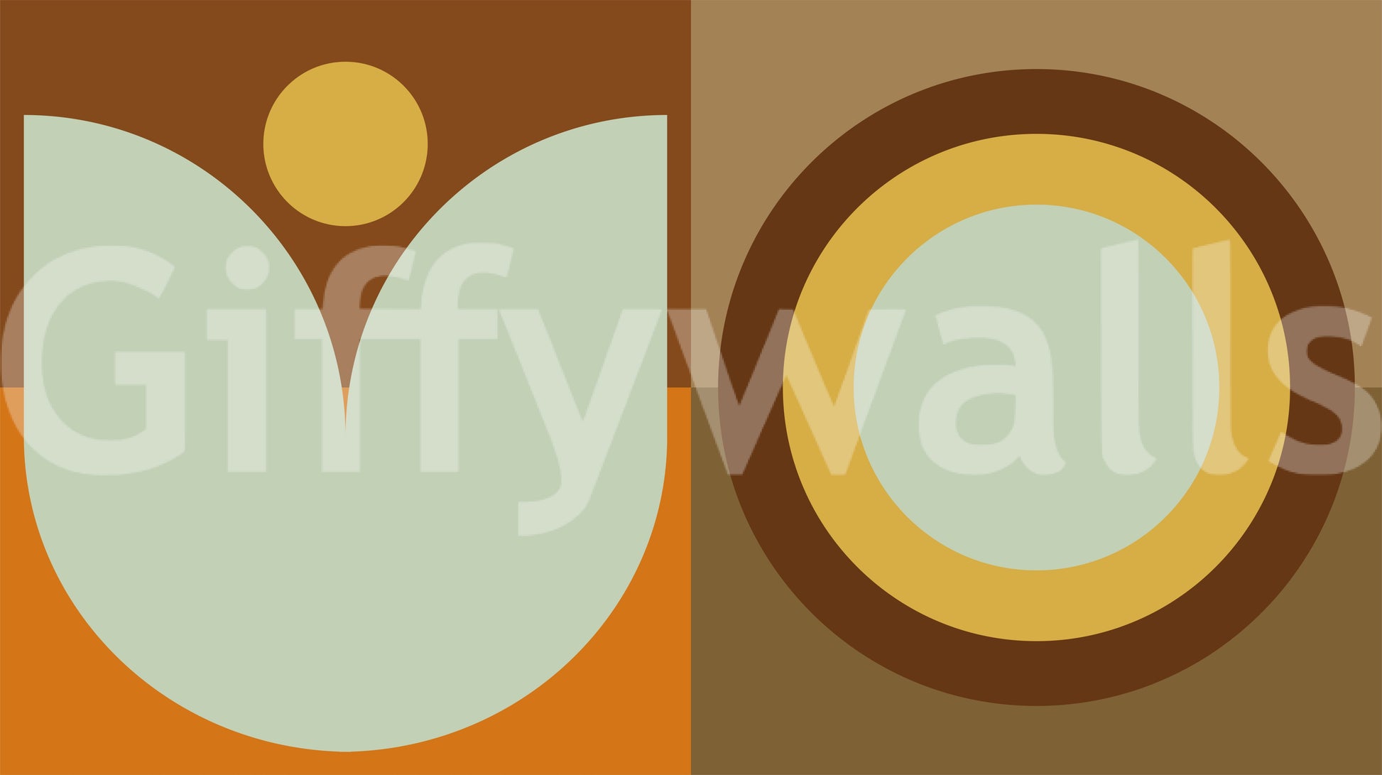 Mandala sun and crescent moon pattern mural behind a vintage chair.

