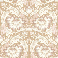 Warm beige and cream jungle peel and stick wallpaper in a stylish guestroom.

