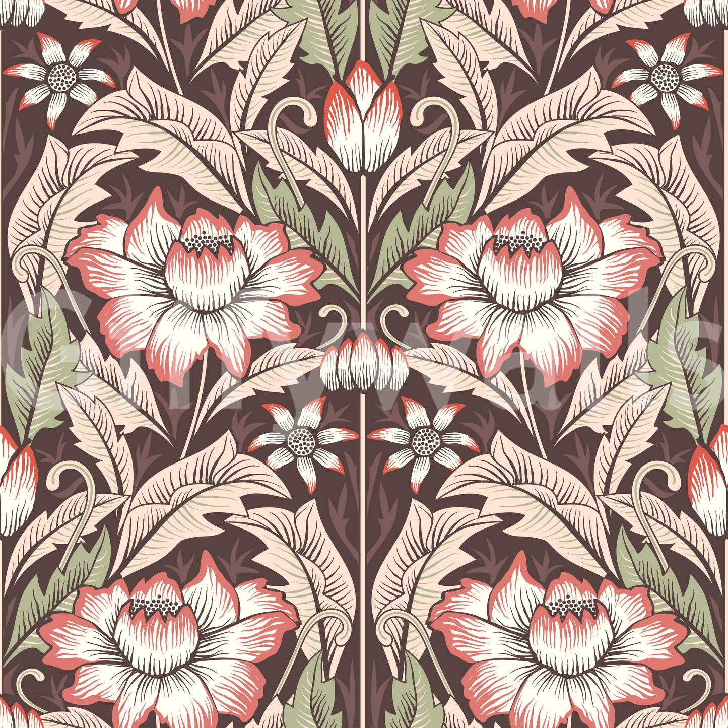 Corner of a library featuring the dramatic Rustic Red Wallpaper print art.