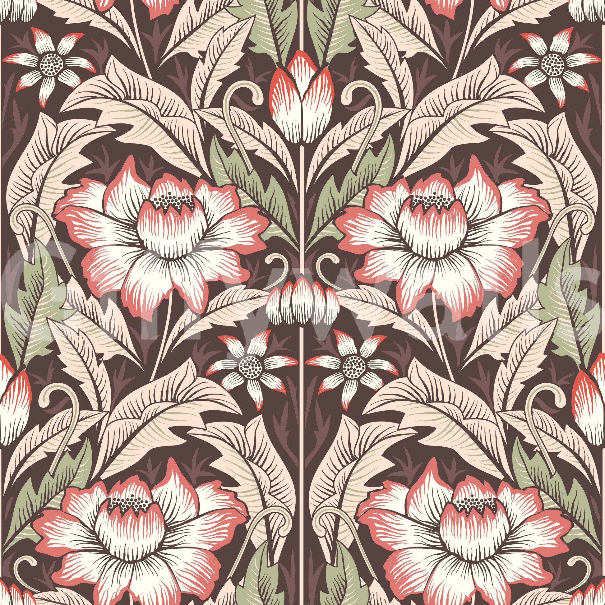 Corner of a library featuring the dramatic Rustic Red Wallpaper print art.