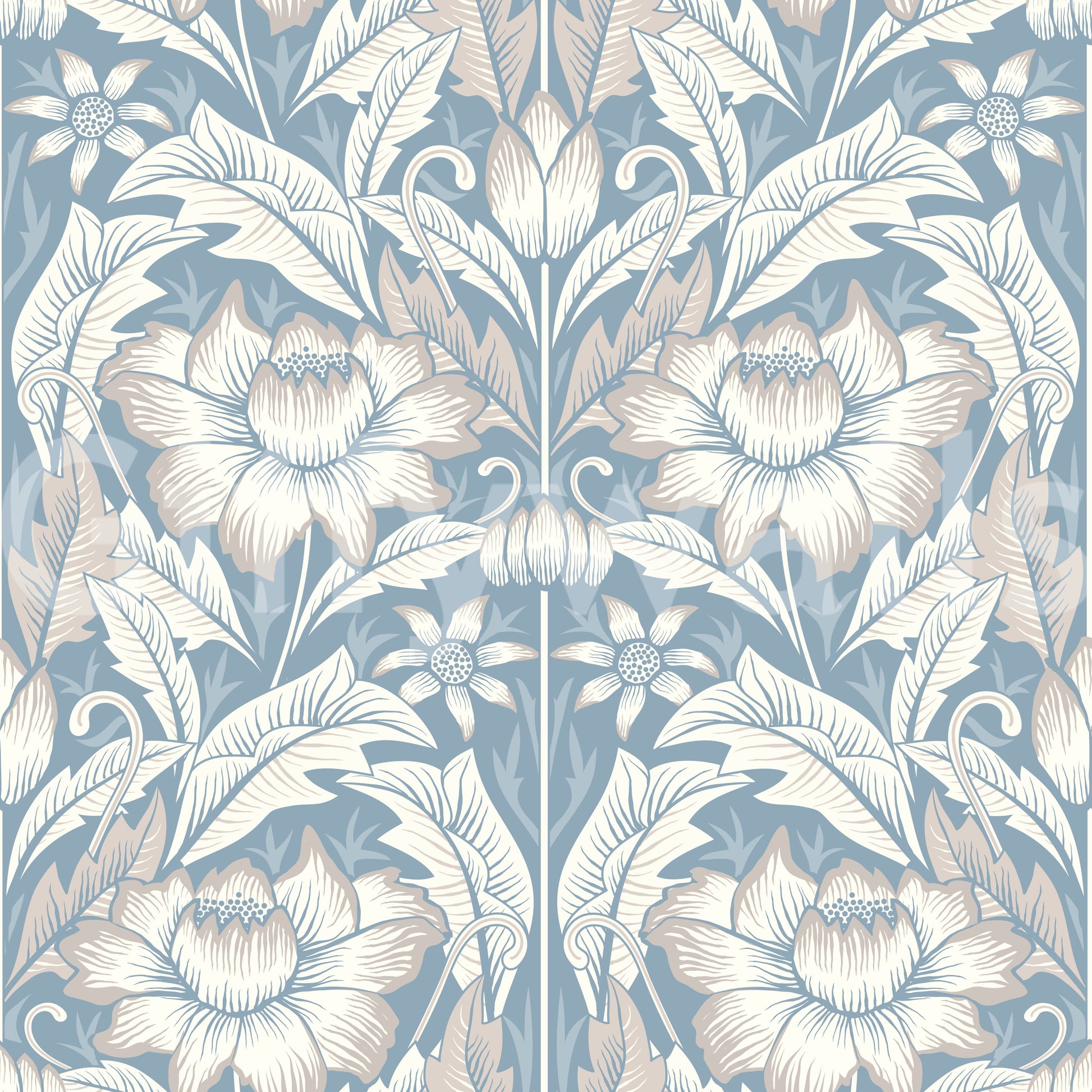 Corner of a hallway featuring the charming Mist Blue Wallpaper print art.