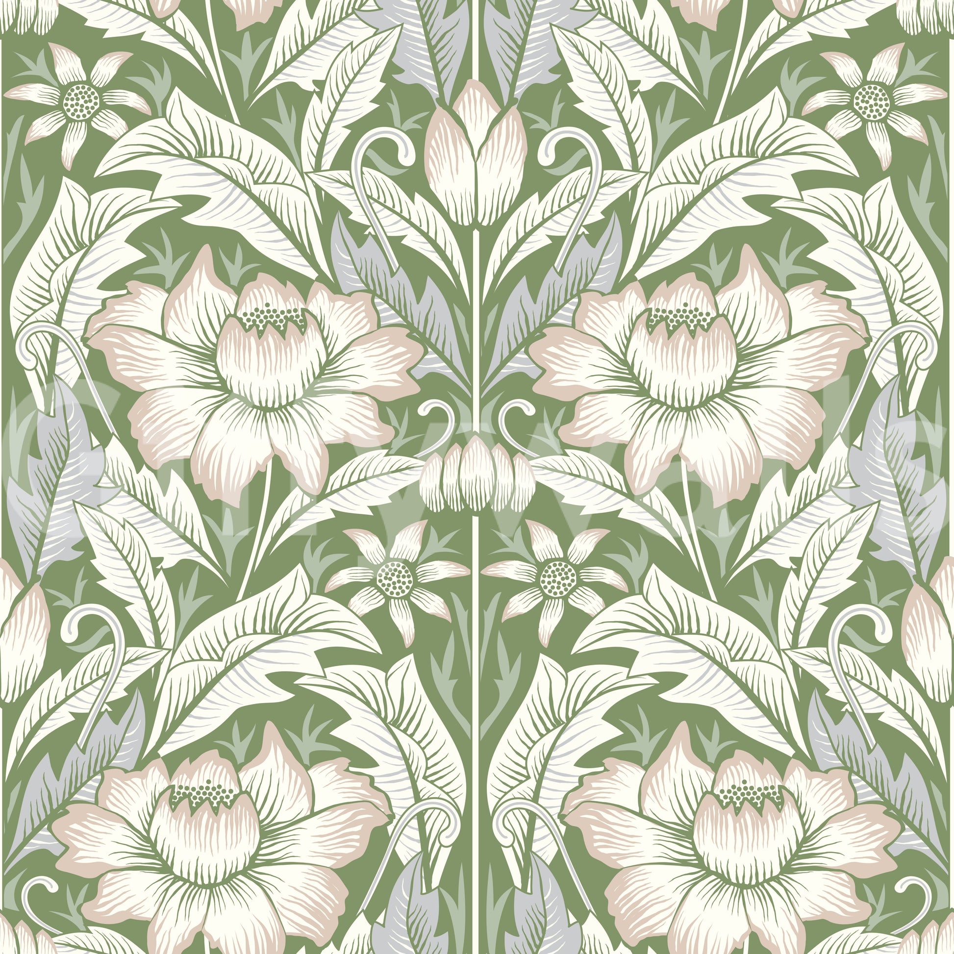 Corner of a bright nursery featuring the charming Sage Green Wallpaper.