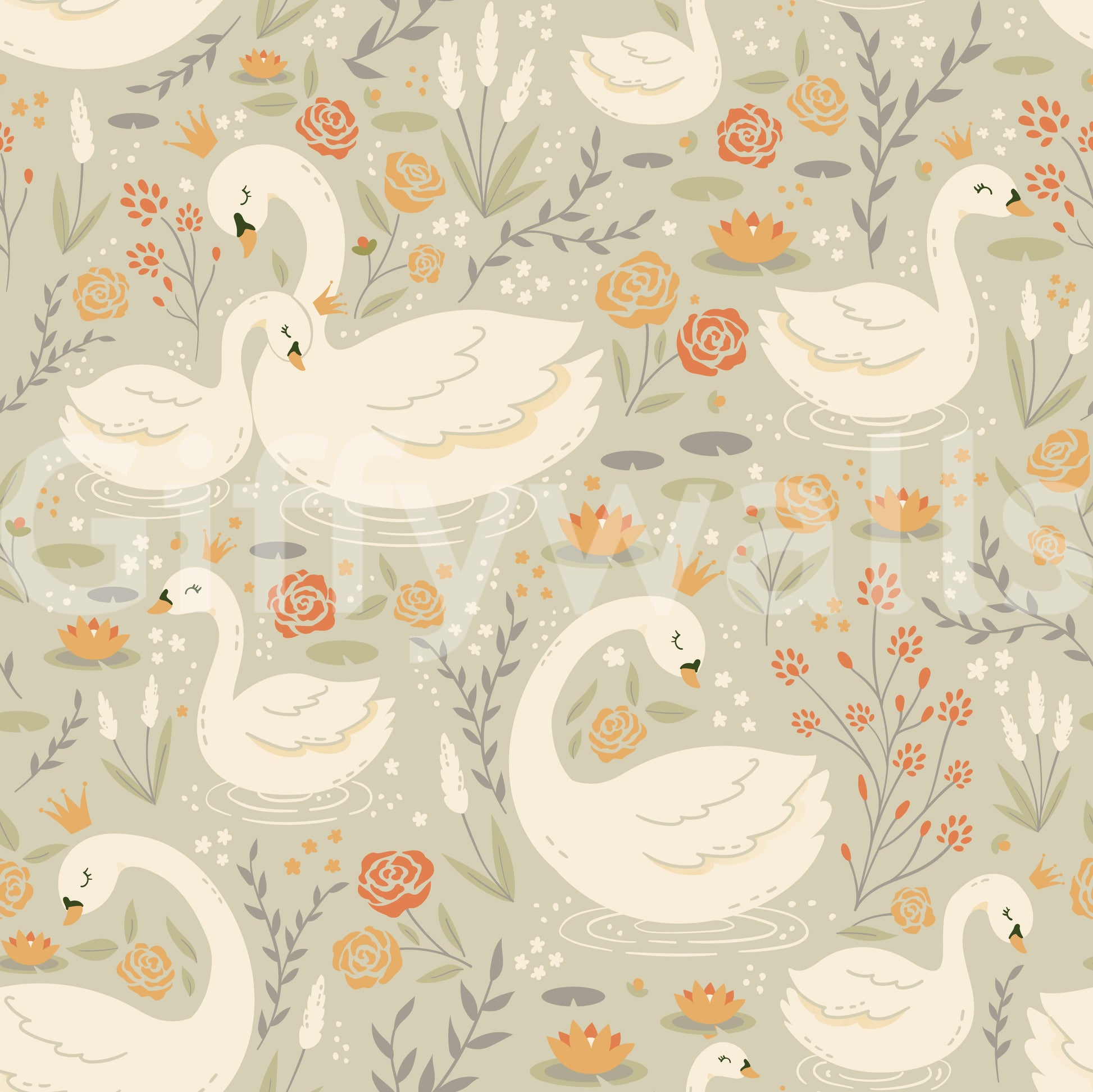 Playful and sophisticated Swan Lake Dreams Wallpaper design with stylized roses and lily pads.