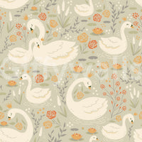 Playful and sophisticated Swan Lake Dreams Wallpaper design with stylized roses and lily pads.