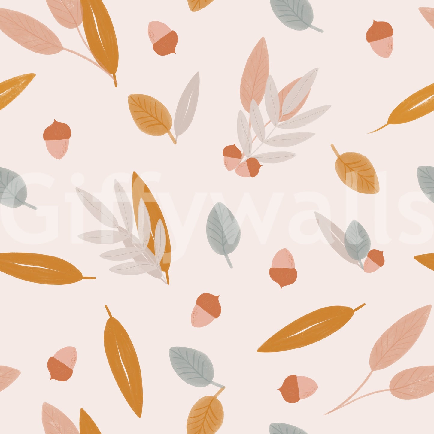 Stylized leaf Acorn Whispers Wallpaper and nut detail.
