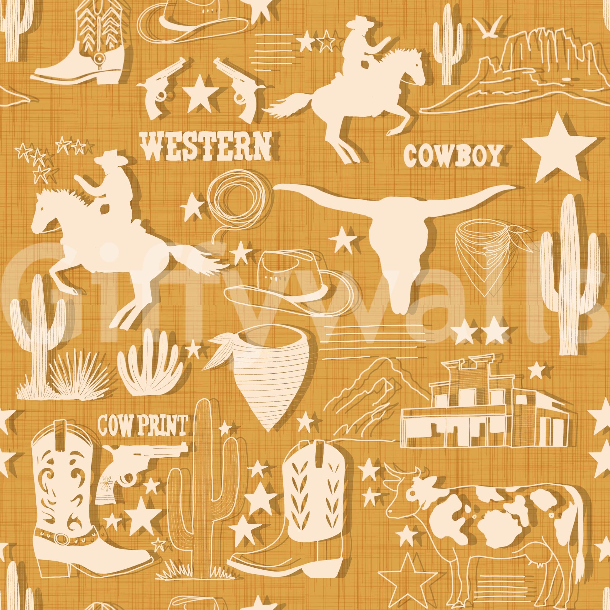 Peel and stick Wild West Roundup Wallpaper repeating scene.