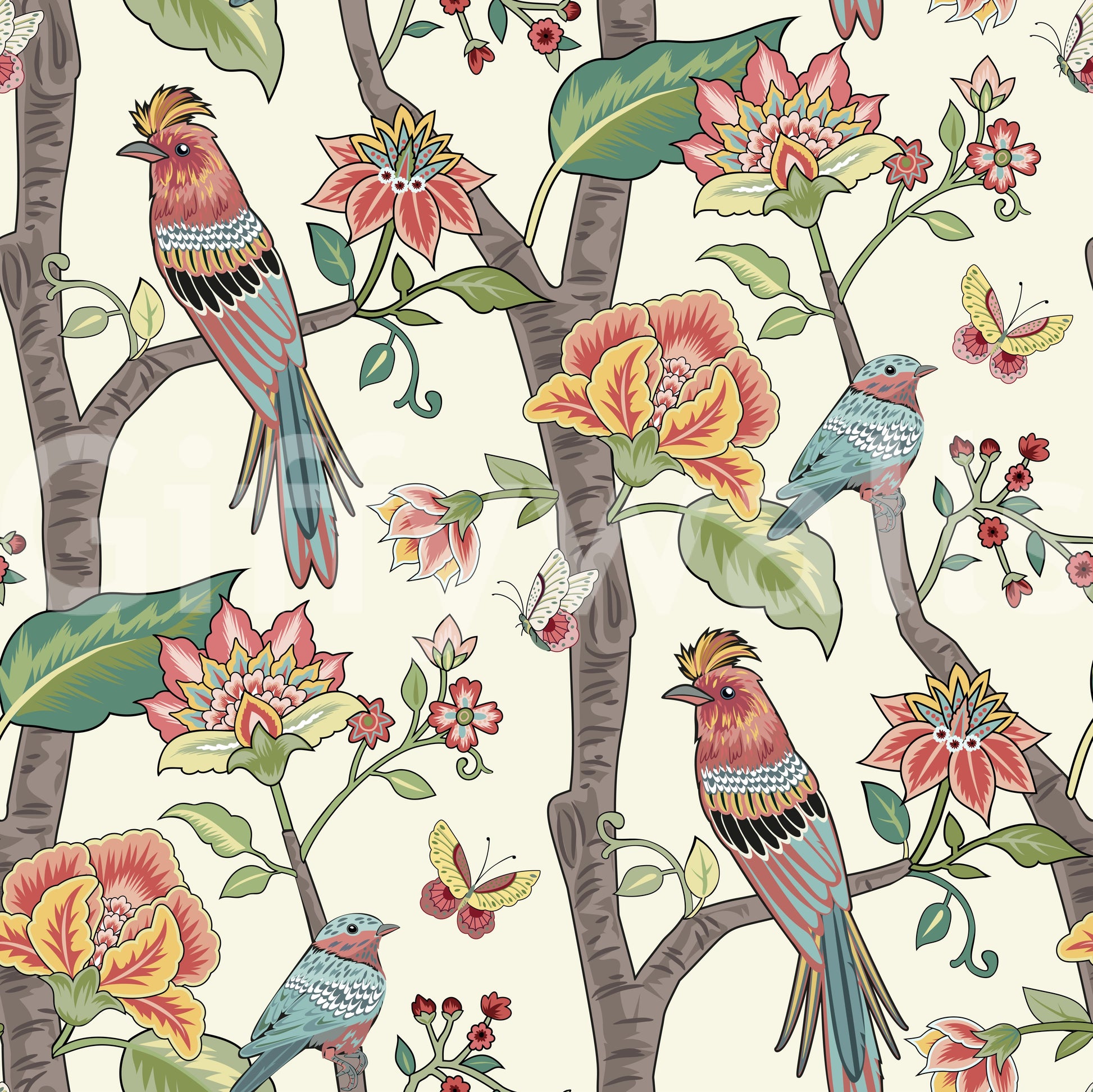 Flamboyant Paradise Perch wallpaper for walls with whimsical flora.