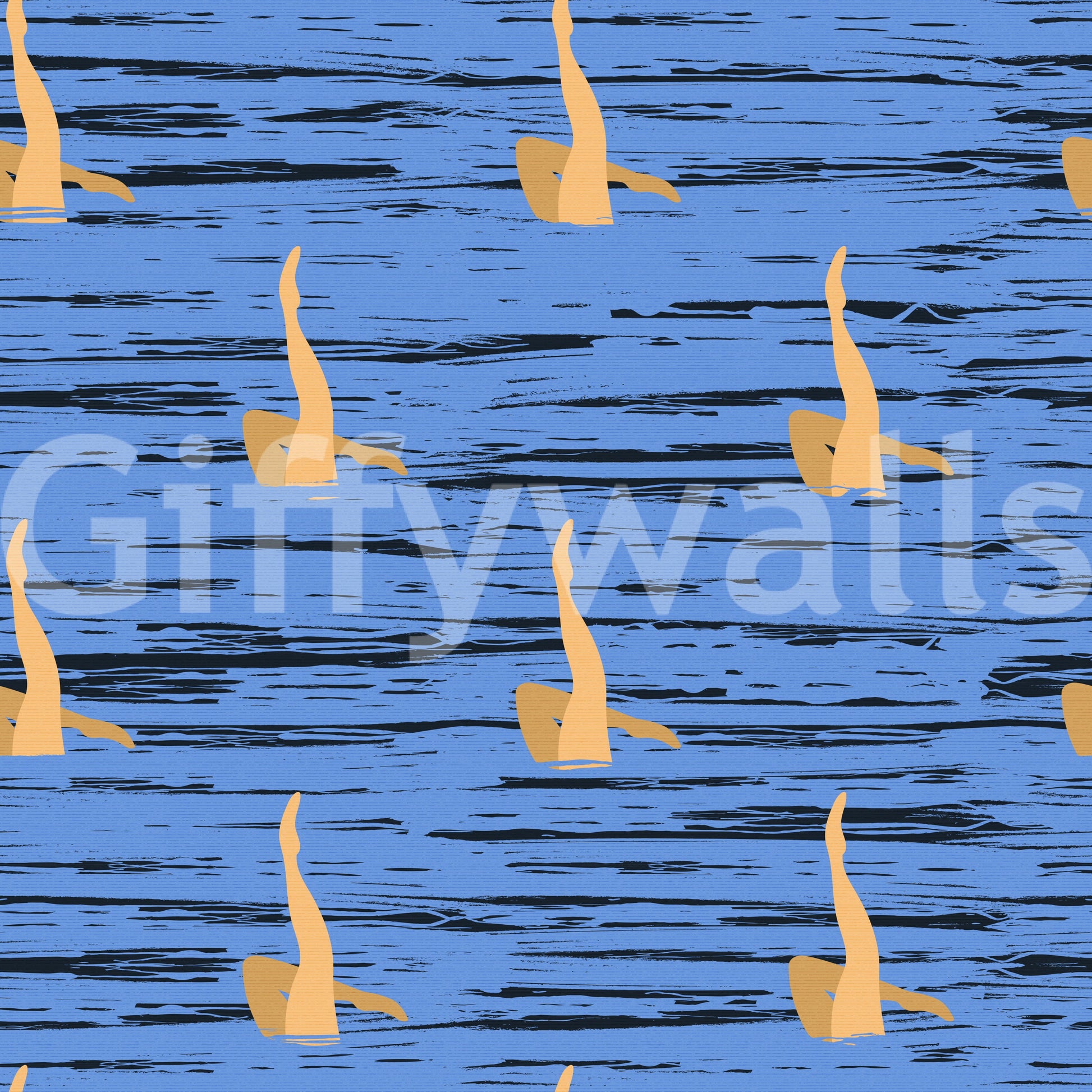 Subtle Water Rhythms design, dynamic legs against textured blue.