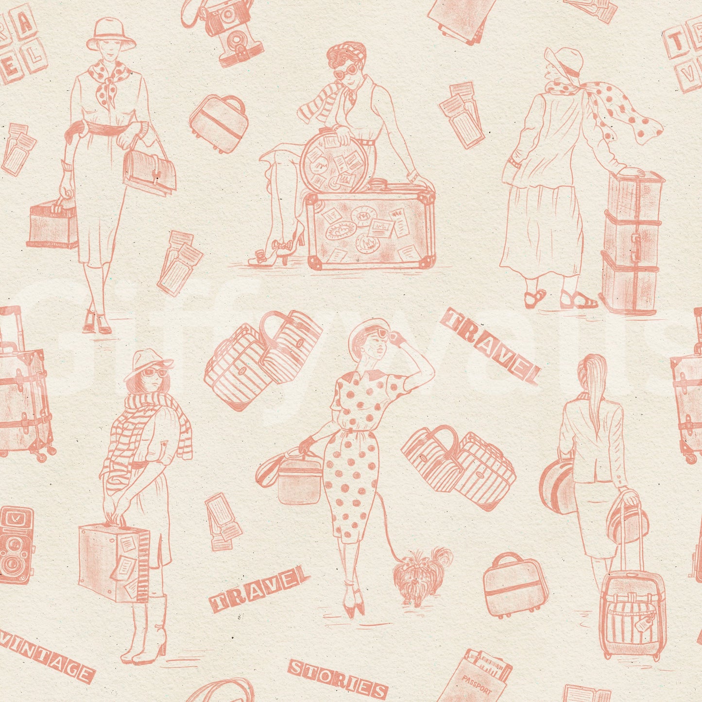 Vintage travel sketches wallpaper, a wamble of bags.