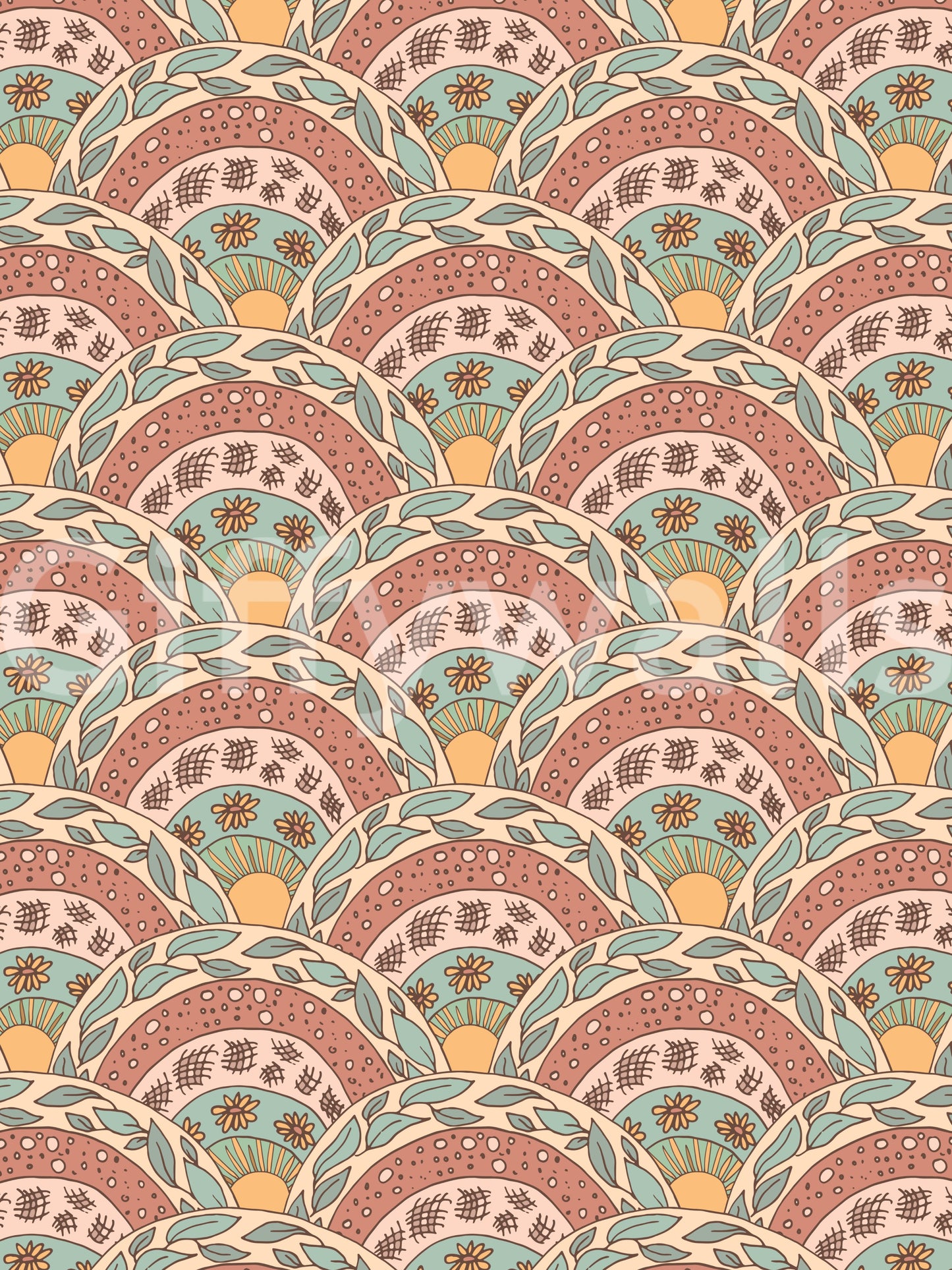 Zany Boho Sunburst Bloom Wall Mural, Nonchalant Contemporary Style.